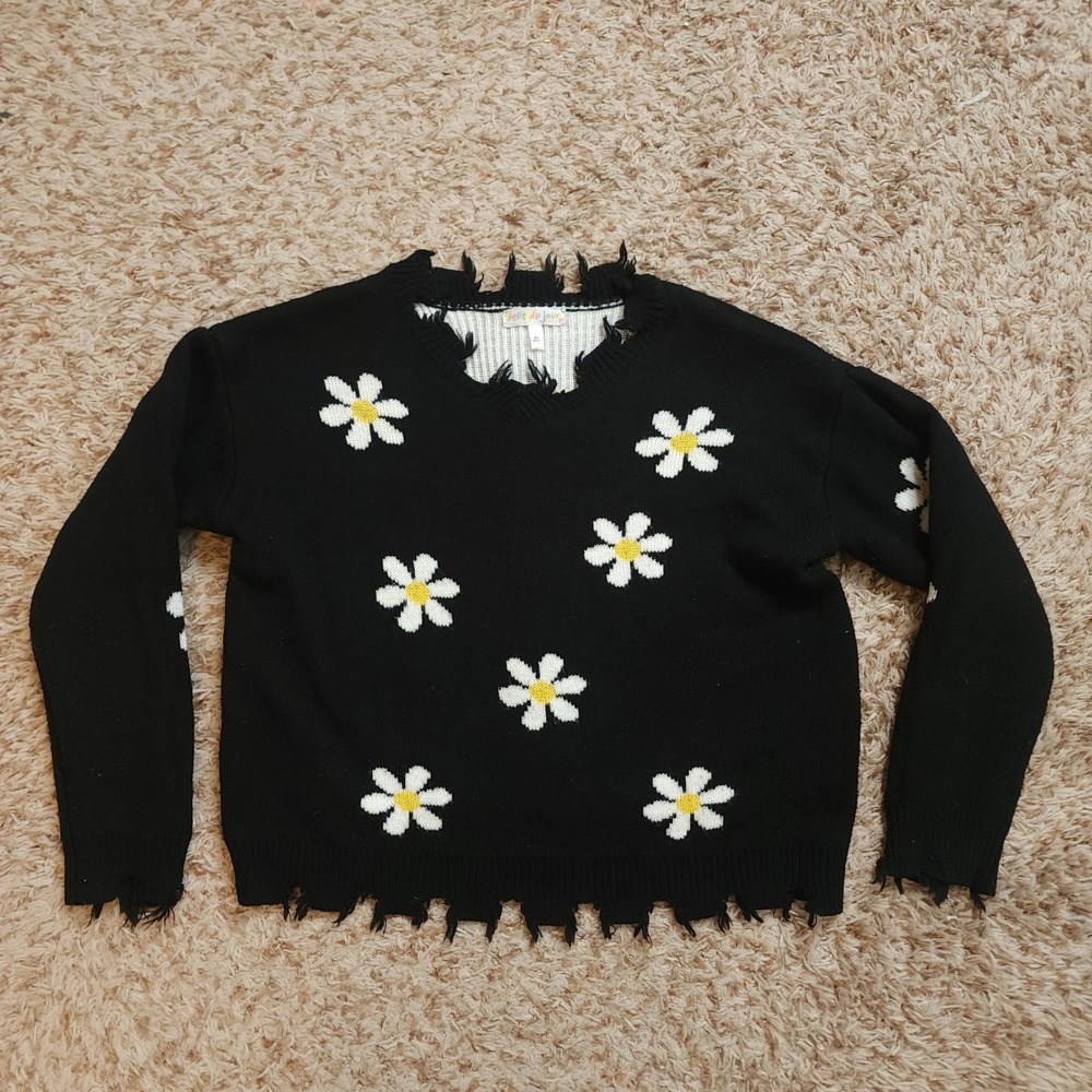 Belle du Jour Sweater Girls XL Black Daisy Floral Distressed Frayed V-Neck Knit